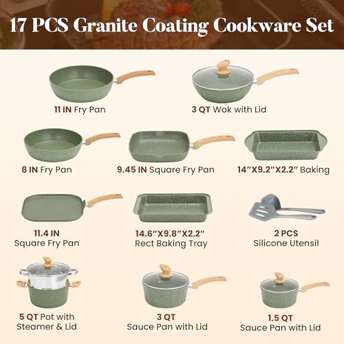 Kitchen Academy 17Pcs Green Induction Cookware Set, Nonstick Pots and Pans | Sage Green Granite Coating, Healthy Non Toxic Kitchen Cooking Pans and Pots Set Non Stick - color: Green, size: 17 PCS Cookware Set