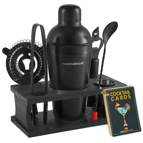 Cocktail Shaker Set - Bartender Kit with Pine Stand | Leak-Proof Design | Includes Martini Shaker, Jigger, Strainer, Spoon, Tongs | Perfect Bar Tools Gift for Home Mixology (Black) - color: Black, size: 8 Pieces