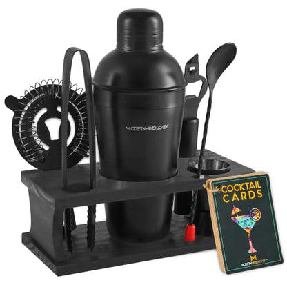 Cocktail Shaker Set - Bartender Kit with Pine Stand | Leak-Proof Design | Includes Martini Shaker, Jigger, Strainer, Spoon, Tongs | Perfect Bar Tools Gift for Home Mixology (Black) - color: Black, size: 8 Pieces