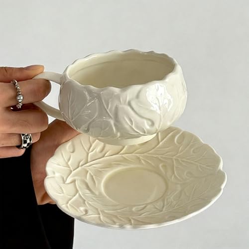 KAMMAK Tea Cups and Saucers Set of 2, 10 oz Porcelain Coffee Cups, SY005 | Stackable Espresso Mugs, Ceramic Demitasse for Coffee, Cappuccino, Latte, Americano, Tea - size: 8CZSY005