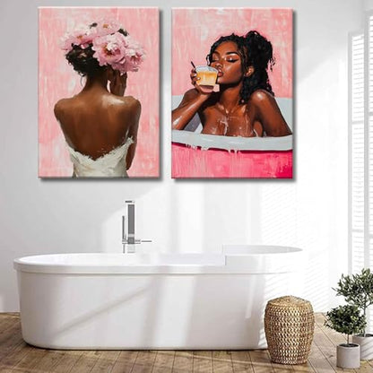 Framed modern abstract African American women's wall Art (Set 2), canvas high-definition printing, Bohemian black girl bathtub coffee fashion with pink flower on her head Black woman picture, living room, bedroom, bathroom, office decoration, 12x16 inches