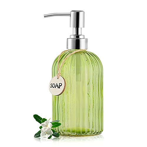 MOCLIF 16 OZ Soap Dispenser，Tempered Glass Clear Vertical Stripe with 304 Rust Proof Stainless Steel Pump Refillable Liquid Hand Soap Dispenser，for Bathroom, Kitchen, Dish Soap，Lotion (Green) - color: Green