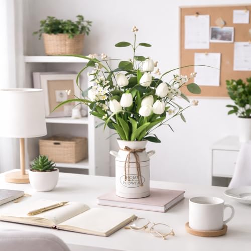 22 Stems White Faux Tulip Bouquet with Eucalyptus | Real touch petals, bendable stems, mixed daisies, farmhouse centerpiece, wedding and Mother's Day decor, no vase - color: Pure White