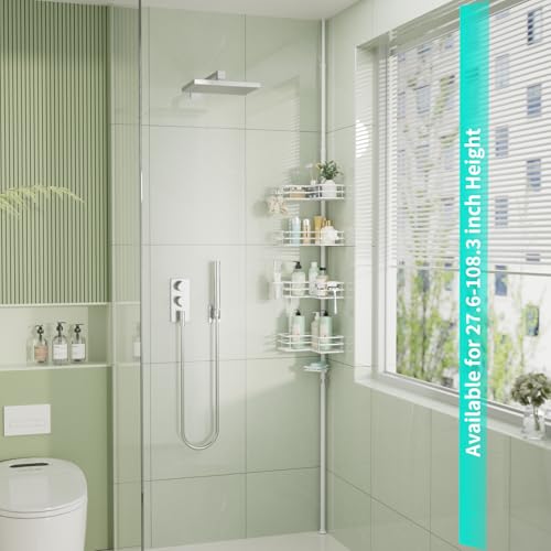 HapiRm Corner Shower Caddy Organizer - Shower Organizer Corner with Soap Holder, Toothbrush Holder and 4 Hooks, Rustproof Bathroom Shelf Tension Pole Available for 27.6 to 108.3 Inch - White