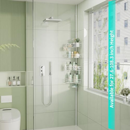 HapiRm Corner Shower Caddy Organizer - Shower Organizer Corner with Soap Holder, Toothbrush Holder and 4 Hooks, Rustproof Bathroom Shelf Tension Pole Available for 27.6 to 108.3 Inch - White