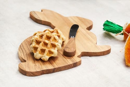 Easter Bunny Shape Acacia Wood 2-Piece Serving Tray w/Spreader Knife 10" | Easter Decor, Acacia, 2-Piece, Gift Idea