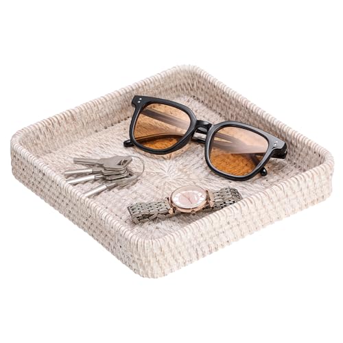 Hipiwe Rattan Key Basket Tray for Entryway Handwoven Wicker Fruit Bowl | Vanity Baskets Tray for Organizing, Square Decorative Basket for Kitchen Bathroom, Whitewash 8.1" x 8.1" - color: Whitewash, size: 8.1" x 8.1" x 1.4"