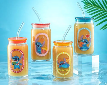 JoyJolt Disney Stitch Island Vibes Glass Tumblers with Lids and Straws, 16oz Glass Cups with Lids and Straws, Can Shaped Drinking Glasses Set of 4, Stitch Stuff, Disney Gifts for Adults - style: Stitch