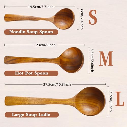 3Pcs Wooden Ladle for Soup, 3Size Natural Teak Wooden Cooking Spoons, Wood Soup Spoon for Serving, Stirring, Non-Stick Heat-Resistant, Kitchen Spoon Sets for Mom and Wife Cooking Gifts - style: Rustic, Natural