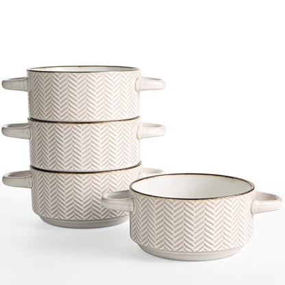 Ceramic Soup Bowls Set - 27 Oz French Onion Soup Crocks with Handles | Embossed Stoneware Bowls for Soup Chili Beef Stew-Microwave Dishwasher Oven Safe-Set of 4 Leaf Pattern - color: white-leaf