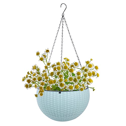 Vencer 11 Inch Round Resin Rattan Hanging Planters,Light Blue,VF-A15-B | Self Watering,Drain Hole,Metal Chain,Water Indicator,Indoor Outdoor - color: Light Blue
