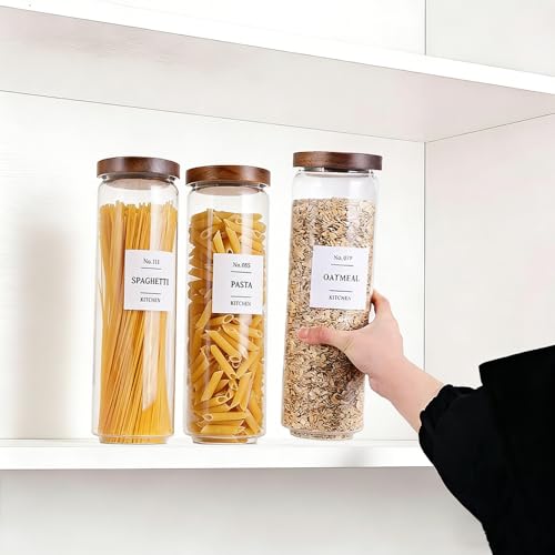 Tzerotone Glass Pantry Storage Jars with Acacia Airtight Lid, 50 OZ Kitchen Canisters with Wood Lid and 132 Pantry Labels, Food Storage Containers Set of 3 - color: 50OZ-3PCS