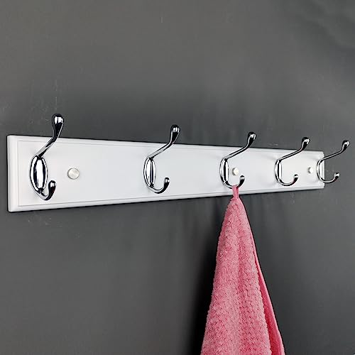Wooden Wall Mounted Coat Rack – 24 Inch (60cm), White with 5 Silver Hooks for Entryway, Hallway, Bedroom - size: Medium-23.6in(60cm),5 Silver Hooks, style: Modern