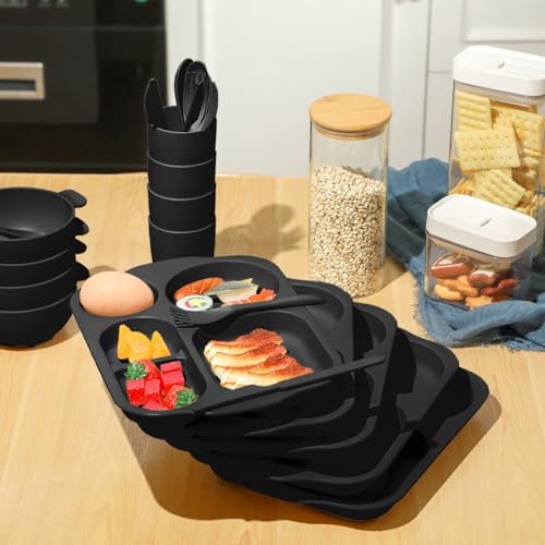 Honoson 24 Pcs Wheat Straw Dinnerware Cutlery Set, Service for 4, Unbreakable Plates and Bowls Set - Divided Plates, Bowls, Spoons, Forks & Knives, Microwave & Dishwasher Safe(Black) - color: Black