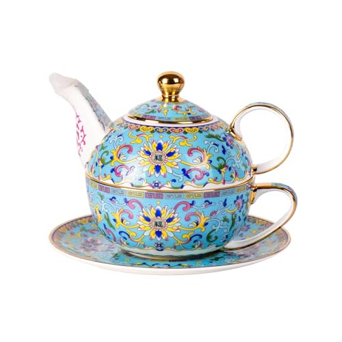 KAMMAK Tea for One Set, Ceramic Teapot, Bone China Tea Set, Cup and Saucer | Blue, Vintage, Porcelain Stackable Tea Pot Set with Golden Trim for Coffee and Cappuccino, Ideal for Afternoon Tea and Gifts - color: Lake Blue