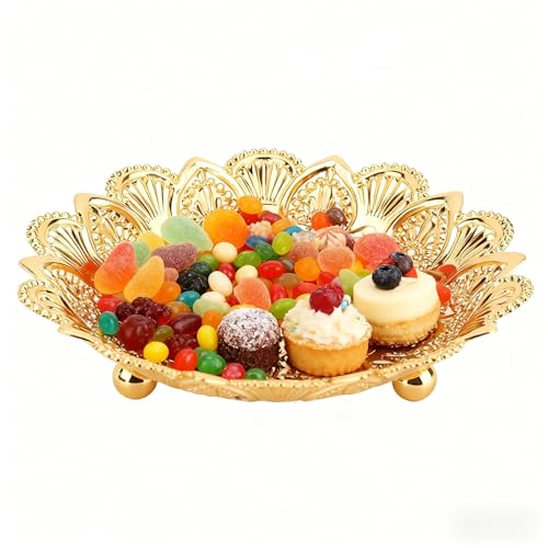 Round Gold Metal Serving Tray, Coffee Table Trays Decorative, Vintage Fruit Bowl, Vintage Metal Dessert Plates, Turkish Embossed Decorative Tray for Coffee Bar Snack Dessert (5.5") - size: 5.5"
