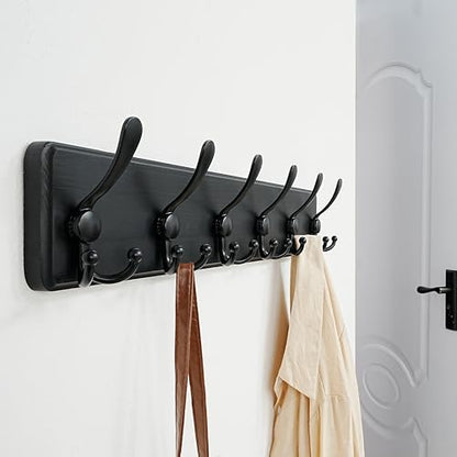 Coat Rack Wall Mounted - 24" Long 6 Tri Hooks, Heavy Duty Wooden Wall Coat Hanger Coat Hook for Clothes Hat Jacket Clothing, Black - color: Black, size: L=24"
