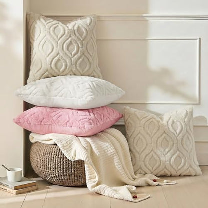 decorUhome Soft Plush Faux Wool Throw Pillow Covers 20X20 Inch Set of 2, Beige, Boucle Plaid Check Faux Fur Throw Pillow Covers 20x20 Inch Set of 2, Autumnal