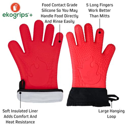 Ekogrips Plus Oven Gloves with Fingers, Comfy Waterproof Silicone Oven Mitts Heat Resistant with Long Cuff, Insulated BBQ Gloves Perfect for Grilling, Baking, Smoker, Canning, Pizza, Red, Hot Mitts - color: Red, size: OSFM