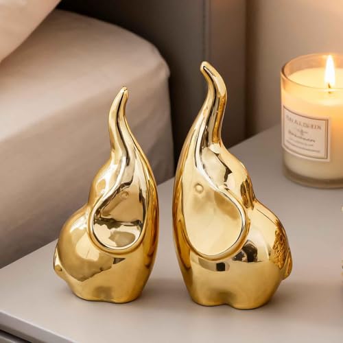 Ceramic Elephant Figurines with Trunk Up, Pair Couples Loving Elephant Statue, Small Figurines Sculpture African Home Decor, Valentine Elephants Gifts for Women, Wedding Knick Knacks（Gold） - color: Gold