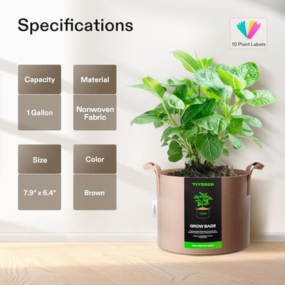 VIVOSUN 5-Pack 1 Gallon Plant Grow Bags Fabric Pots with Handles | 300G Thickened Nonwoven Fabric, Excellent Drainage, Healthy Root Growth, BPA-Free, Reusable - color: Tan, size: 1 Gallon