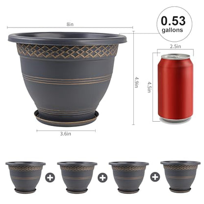 8 Inch Plaid Plant Pots 6 Pack with Drainage and Saucers Gold | Gold plaid PP pots with drainage holes and saucers for herbs succulents starter plants shelves windowsills - color: Gold, size: 8 Inches-6 packs