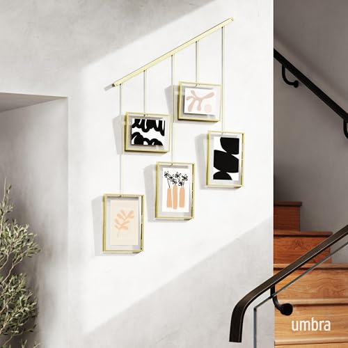 Umbra Exhibit Picture Frame Set, Adjustable Wall Mount, Set of 5, Brass | Steel construction, customizable layout, damage-free hanging, fits 4x6 and 5x7 photos, includes mounting hardware - size: Pack of 5
