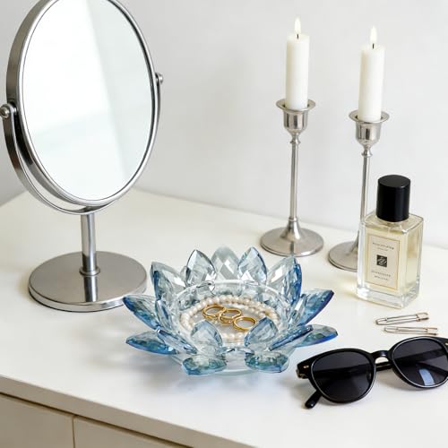 Crystal Flower Jewelry Tray, Luxury Transparent Decorative Trinket Dish for Rings, Earrings, Necklaces, Keys for Vanity Dresser Nightstand, Elegant Gift for Women Mother's Day (1, 6.3"(W)- Blue) - size: 6.3"(W)- Blue
