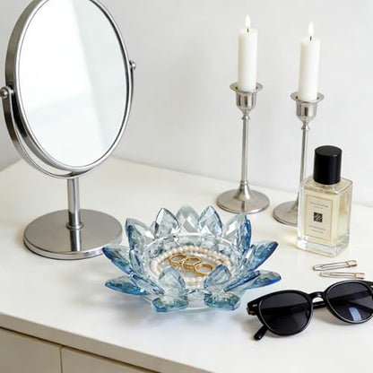 Crystal Flower Jewelry Tray, Luxury Transparent Decorative Trinket Dish for Rings, Earrings, Necklaces, Keys for Vanity Dresser Nightstand, Elegant Gift for Women Mother's Day (1, 6.3"(W)- Blue) - size: 6.3"(W)- Blue