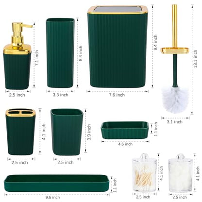 9 PCS DarkGreen Bathroom Accessories Set with Trash Can Bathroom Accessory | All-in-One Kit with Trash Can,Toothbrush Holder,Soap Dispenser,Toothbrush Cup,Vanity Tray,Soap Dish,Toilet Brush etc for Home - color: Darkgreen
