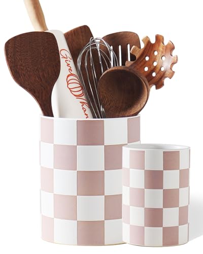 Utensil Holder，7.1"+5.8" Ceramic Kitchen Utensil Holder for Counter top, Checkered Cooking for Spatula & Spoon, Kitchen Decor, Set of 2 (Purplish-pink Checkered) - color: Purplish-pink Checkered
