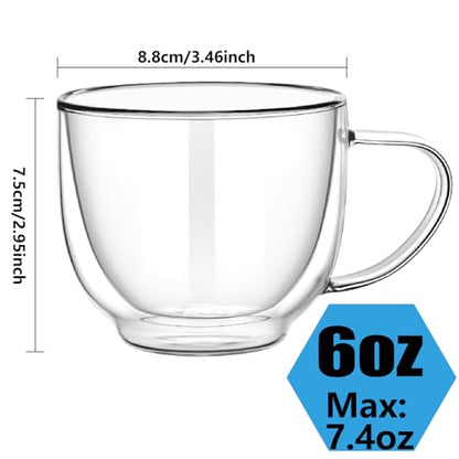 Double Wall Glass Coffee Mugs with Handle, 7.4 oz (220ml) Clear Insulated Espresso Cups for Cappuccino, Latte, Hot Tea & Cold Drinks, Microwave Safe Borosilicate Glassware, Set of 2 (6oz(2-pack))