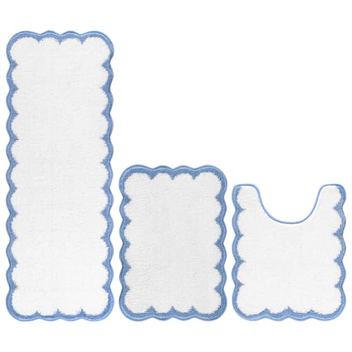 Pauwer Bathroom Rug Sets 3 Piece, Scalloped Bath Rugs, White and Blue | Non Slip Washable Bath Mat With U-Shaped Toilet Rug, Extra Absorbent Quick Dry, For Floor Sink - color: White and Blue