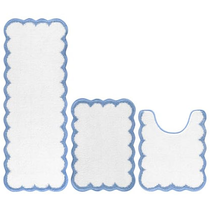 Pauwer Bathroom Rug Sets 3 Piece, Scalloped Bath Rugs, White and Blue | Non Slip Washable Bath Mat With U-Shaped Toilet Rug, Extra Absorbent Quick Dry, For Floor Sink - color: White and Blue