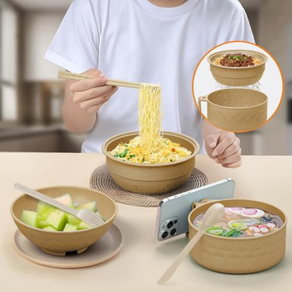 Ramen Cooker,32oz Ramen Bowl Set,Microwave Ramen Bowl, Microwave Bowl with Lid, Portable Noodle Bowls,for Home Office Dorm Room College gift (Khaki) - color: Khaki