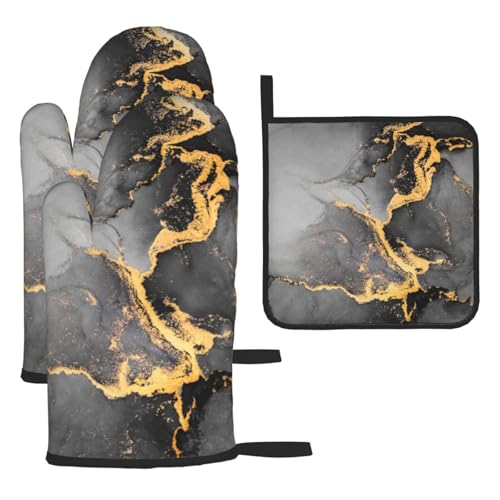 Black Gray Gold Marble Oven Mitts and Pot Holders Set of 2 | Heat Resistant Abstract Modern Oven Gloves For Bbq Baking Grilling Cooking Kitchen Decor - color: Black Gray