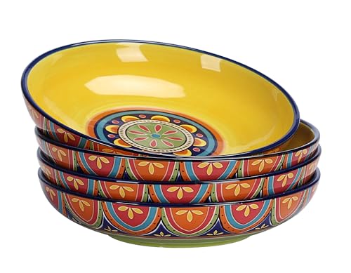 Bico Tunisian Pasta Bowls, 35oz Salad Bowl Set of 4, Large Ceramic Serving Dinner Bowls for Soup and Cereal, Microwave and Dishwasher Safe, Gift for Housewarming and Thanksgiving - color: Tunisian