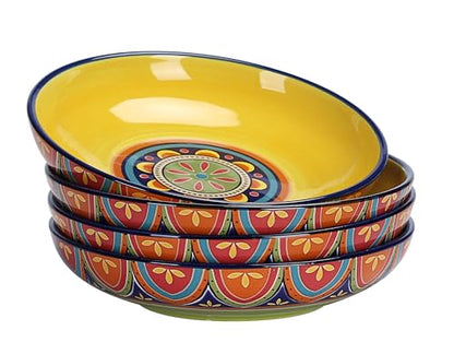Bico Tunisian Pasta Bowls, 35oz Salad Bowl Set of 4, Large Ceramic Serving Dinner Bowls for Soup and Cereal, Microwave and Dishwasher Safe, Gift for Housewarming and Thanksgiving - color: Tunisian