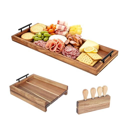 32" Extra Large Foldable Acacia Wood Charcuterie Board with Handles, Oversized Ottoman Tray with 4 Cheese Knives & Knife Holder, Folding Wooden Serving Tray for Cheese, Meat, Fruit, Bread, Kitchen