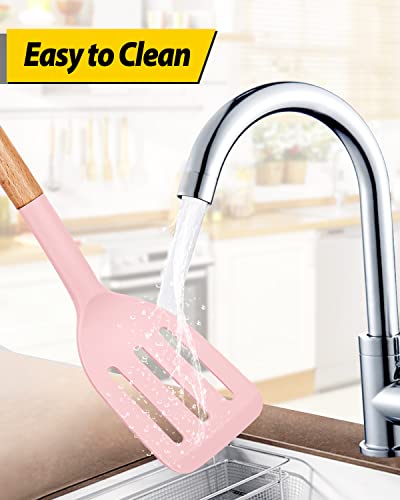 Pack of 2 Silicone Cooking Spatula, Heat Resistant Solid Turner, Non Stick Slotted Spatulas with Wooden Short Handle,Ideal Wood Kitchen Utensils Set for Frying, Baking, Flipping, Turning - color: Pink