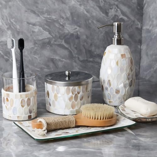 WDHODEC Mosaic Bathroom Accessory Set 5PCS with Natural Shell & Glass Soap Dispenser Cotton Jar Soap Dish Vanity Tray Tumbler for Hotels, Modern Bathroom Counter and Sink Decoration White