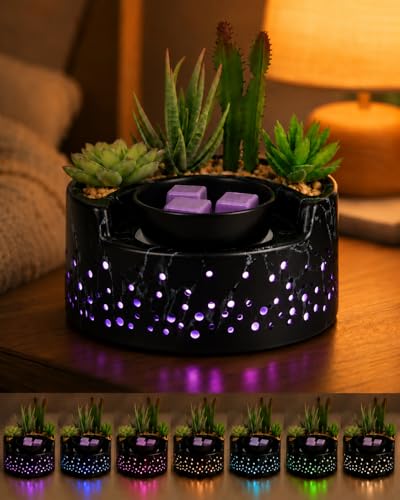 4-in-1 Ceramic Wax Warmer, Electric Wax Melts Warmer with Hot Plate, 7-Color LED Candle Warmer Lamp, Aromatherapy Oil Diffuser & Succulent Marble Decor, for Yoga Room Home Office, Gift for Women - color: Midnight Black