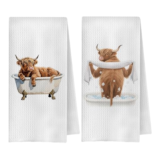 Funny Highland Cow Bathroom Hand Towels, Highland Cow Bathroom Decor, Humorous Farmhouse Heifer Decorative Hand Towels for Bath Room Washroom Toilet Restroom, 16x24 Inch Set of 2 - color: Highland Cow-02