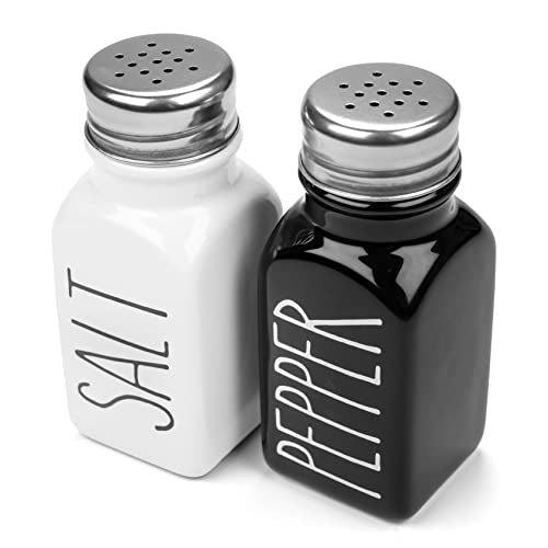 Farmhouse Ceramic Salt and Pepper Shakers Set with Extra Lids. 100% Stoneware Salt and Pepper Shaker Set. Black Pepper and White Salt Shaker with Lid x4. Kitchen Salt Pepper Shakers - color: White/Black