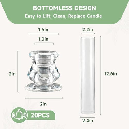 20 Pack Glass Hurricane Candle Holders 12.6" Open Ended Candlestick Tubes | Clear Bottomless Cylinders Holder Suitable Taper LED Candles for Wedding Party Christmas Table Centerpiece Decor