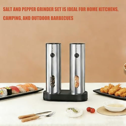 Electric Salt and Pepper Grinder Set, Rechargeable Stainless Steel with USB-C Dual Charging Base, Upgraded Large Capacity, Adjustable Coarseness & Bright LED Light, Kitchen Essentials