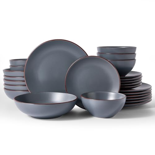 Famiware Venus Stoneware Dinnerware Sets with Pasta Bowls, Dishes Set for 6 | 24 pcs Ceramic Plates and Bowls with Rim, Chip‑Resistant, Everyday & Formal Use, Microwave & Dishwasher Safe, Matte Charcoal - color: Charcoal, size: Serves 6 (24pc w/ Pasta Bow