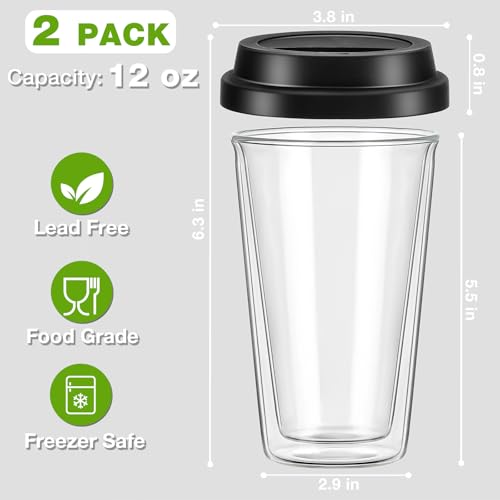 Qipecedm® 2 Packs Double Walled Glass Coffee Mugs with Silicone Lids, 12 OZ Reusable Glass Coffee Cups, Insulated Coffee Mugs, Cappuccino,Tea,Latte,Iced Coffee Cups, Glass Travel Mug, Heat Resistant