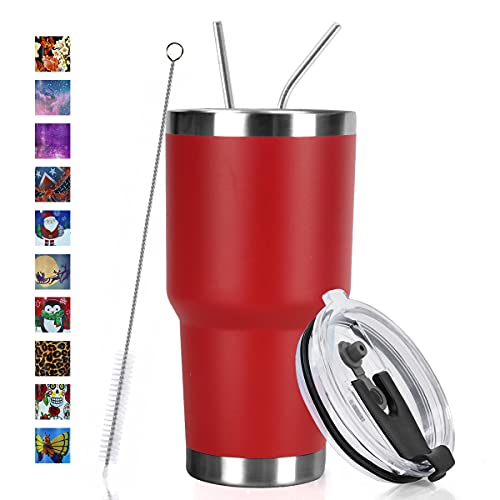 SYACOT 30oz Tumbler Double Wall Stainless Steel Vacuum Insulated Travel Mug with Splash-Proof Lid Metal Straw and Brush - color: Red-30oz