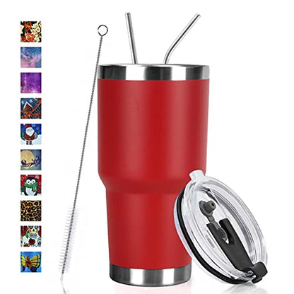 SYACOT 30oz Tumbler Double Wall Stainless Steel Vacuum Insulated Travel Mug with Splash-Proof Lid Metal Straw and Brush - color: Red-30oz